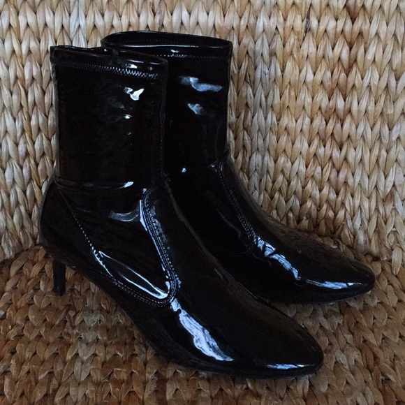 black patent kitten heel boots